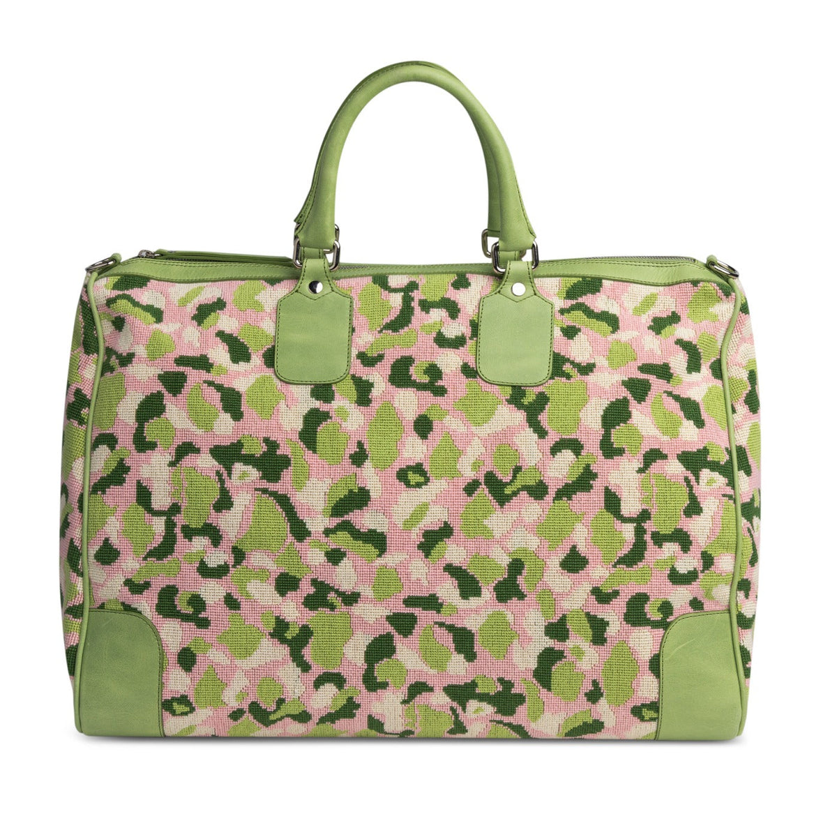 Our Hidden Palm Needlepoint Weekender item is photographed here against a white background.