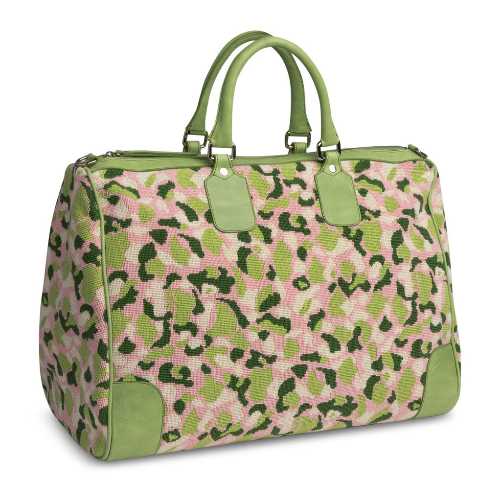 Our Hidden Palm Needlepoint Weekender item is photographed here against a white background.