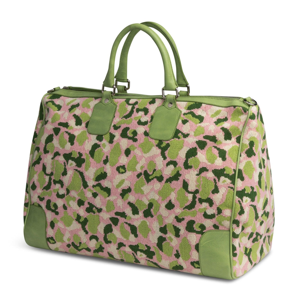 Our Hidden Palm Needlepoint Weekender item is photographed here against a white background.