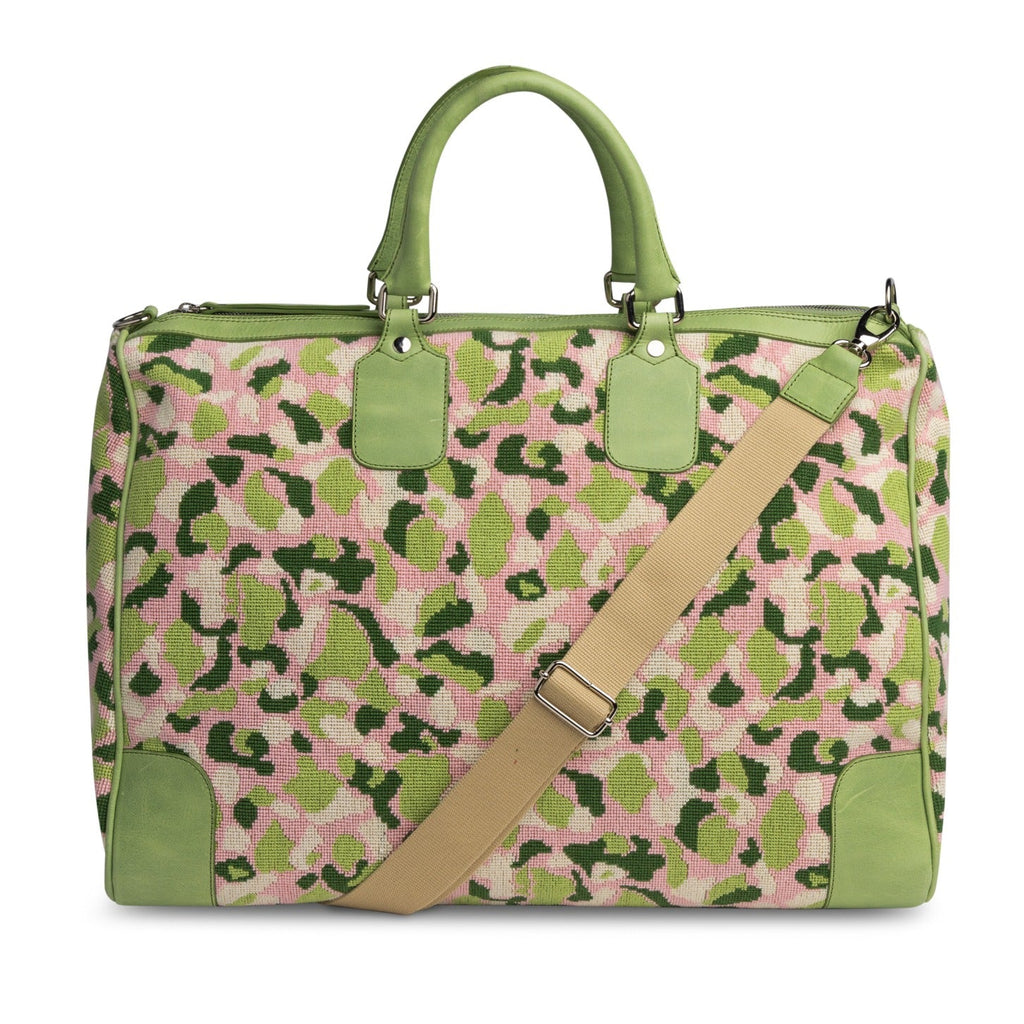 Our Hidden Palm Needlepoint Weekender item is photographed here against a white background.