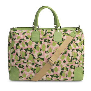 Our Hidden Palm Needlepoint Weekender item is photographed here against a white background.