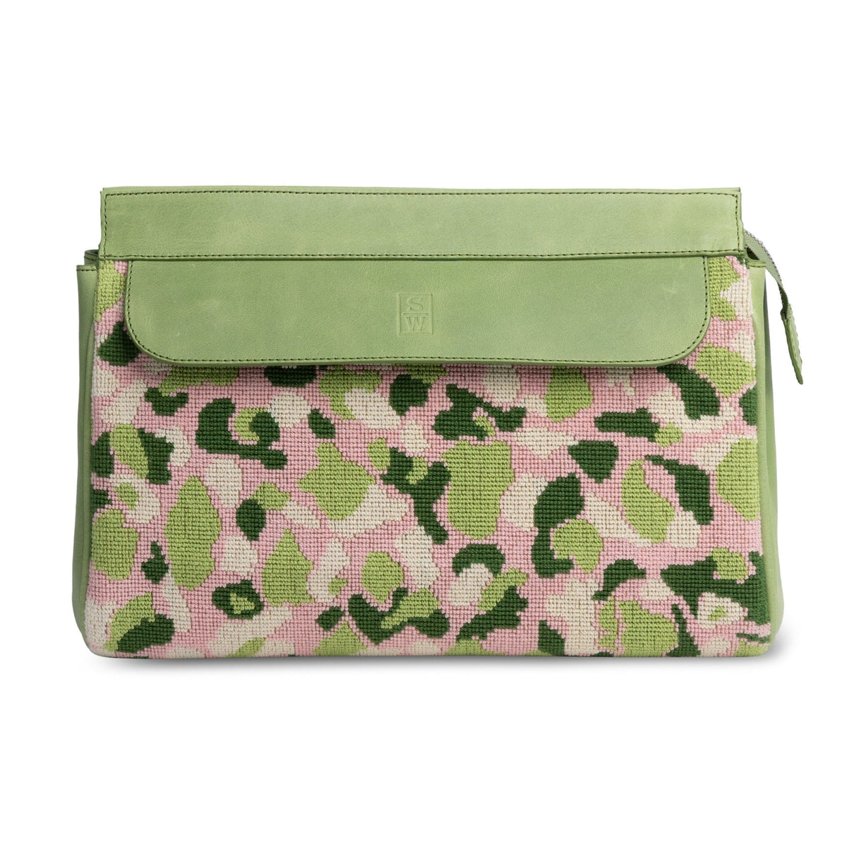 Front view of Hidden Palm Needlepoint Traveler showcasing pink and green camouflage needlepoint with a green leather flap