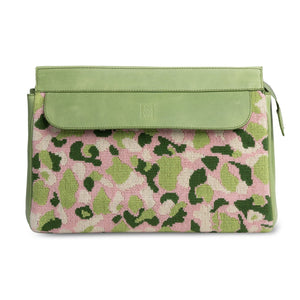 Front view of Hidden Palm Needlepoint Traveler showcasing pink and green camouflage needlepoint with a green leather flap