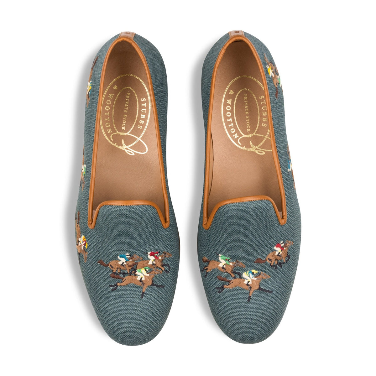 Top view of men’s Track Racing Slipper showcasing jockey embroidery and leather trim against a white background