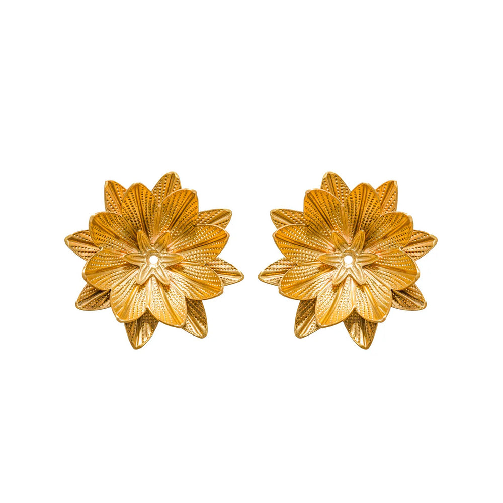 Front view of Gold Cereus earrings showcasing layered hand-textured petal design on white background