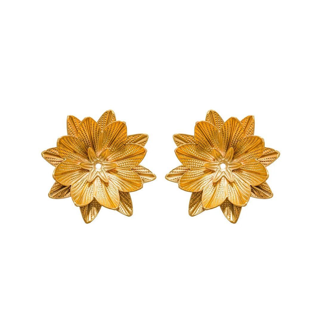 Front view of Gold Cereus earrings showcasing layered hand-textured petal design on white background