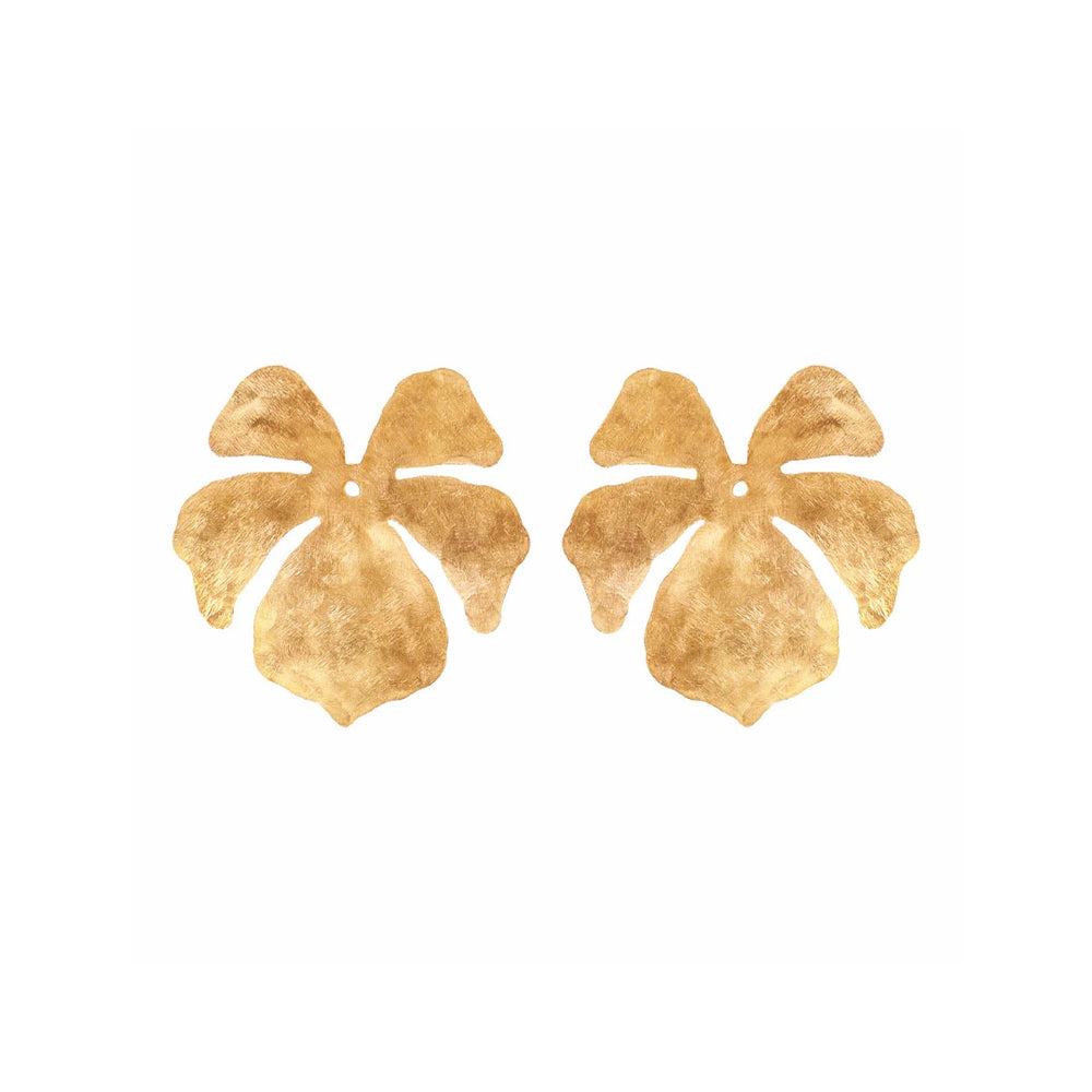 Front view of gold Tahiti floral stud earrings showcasing hand-hammered texture and five-petal shape on white background