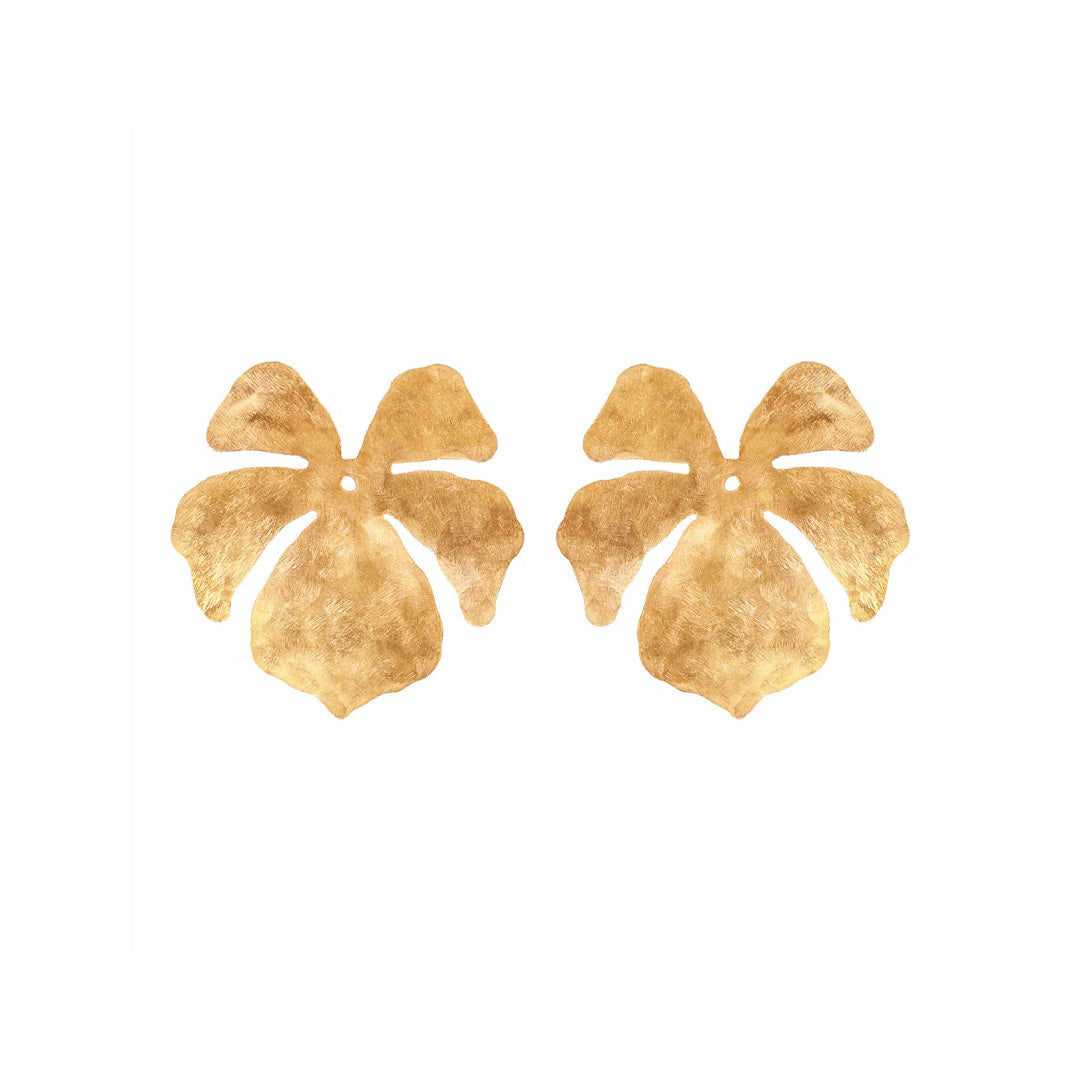 Front view of gold Tahiti floral stud earrings showcasing hand-hammered texture and five-petal shape on white background