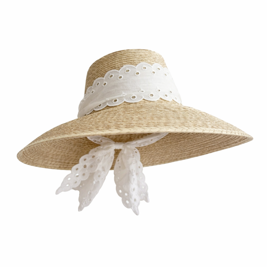 Wildflower Sun Hat in Antique Eyelet Scallop Lace Wide & Short Ribbon