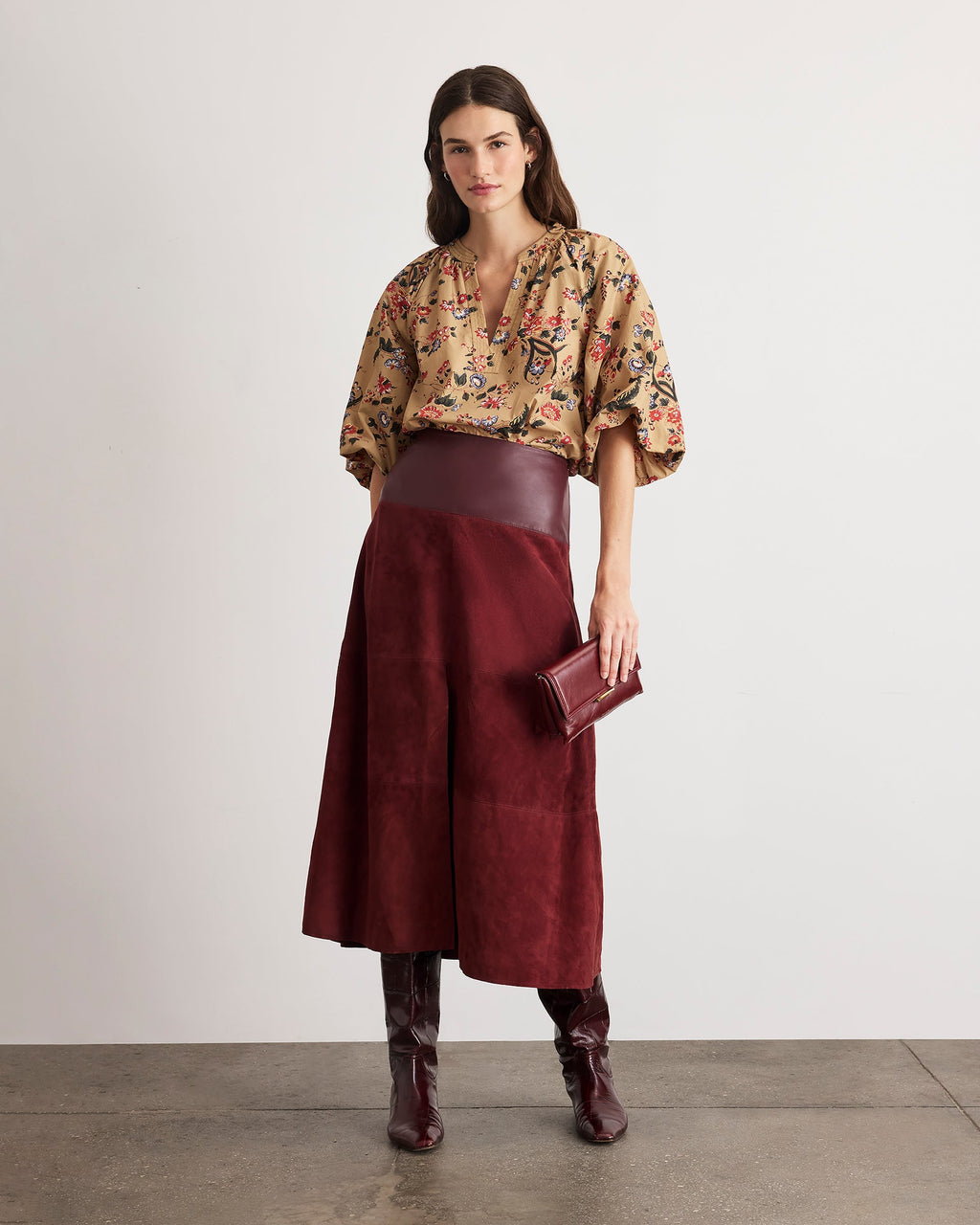 Suede/Leather Hudson Skirt in Deep Redwood