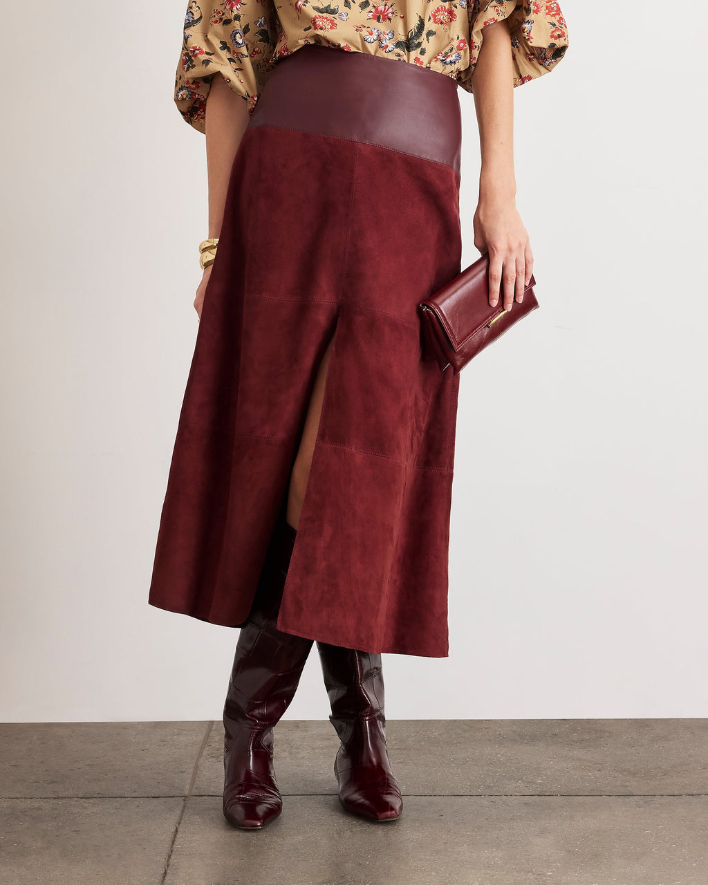 Suede/Leather Hudson Skirt in Deep Redwood