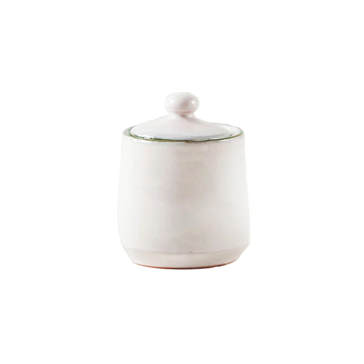 Front view of Bevagna sugar bowl with lid showcasing glazed terracotta finish and round knob on white background