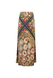 Front view of Suki Skirt in Found Heirloom showcasing its floral patterned pencil silhouette and elastic waistband on a white background