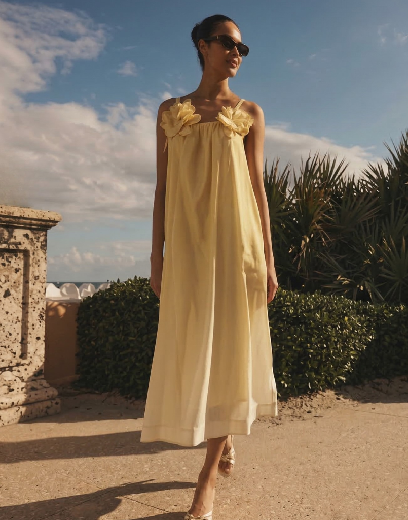 Solenn Midi Dress in Vanilla Sunrise linen organza with 3D shell details, straight neckline, and relaxed midi silhouette.