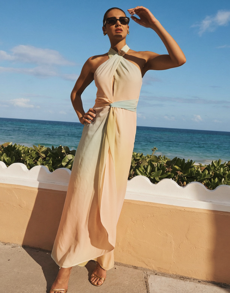 Mojito Halter Gown in Sorbet Haze chiffon with crossed halter neckline, wrapped bodice, and draped front detail.