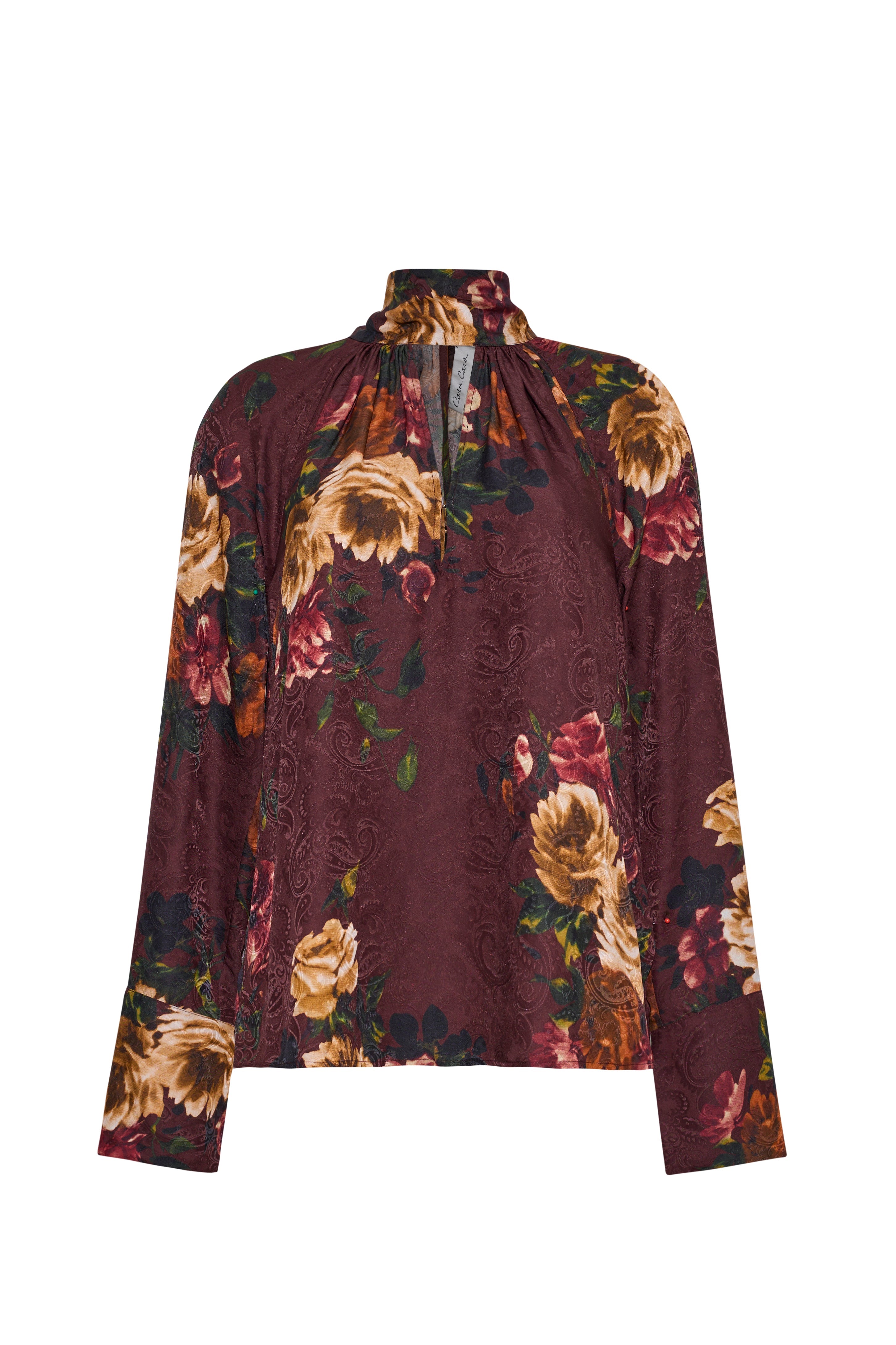 Front view of Sundance blouse in Ariana Flora Merlot showcasing high neck long sleeves and floral print against a white background
