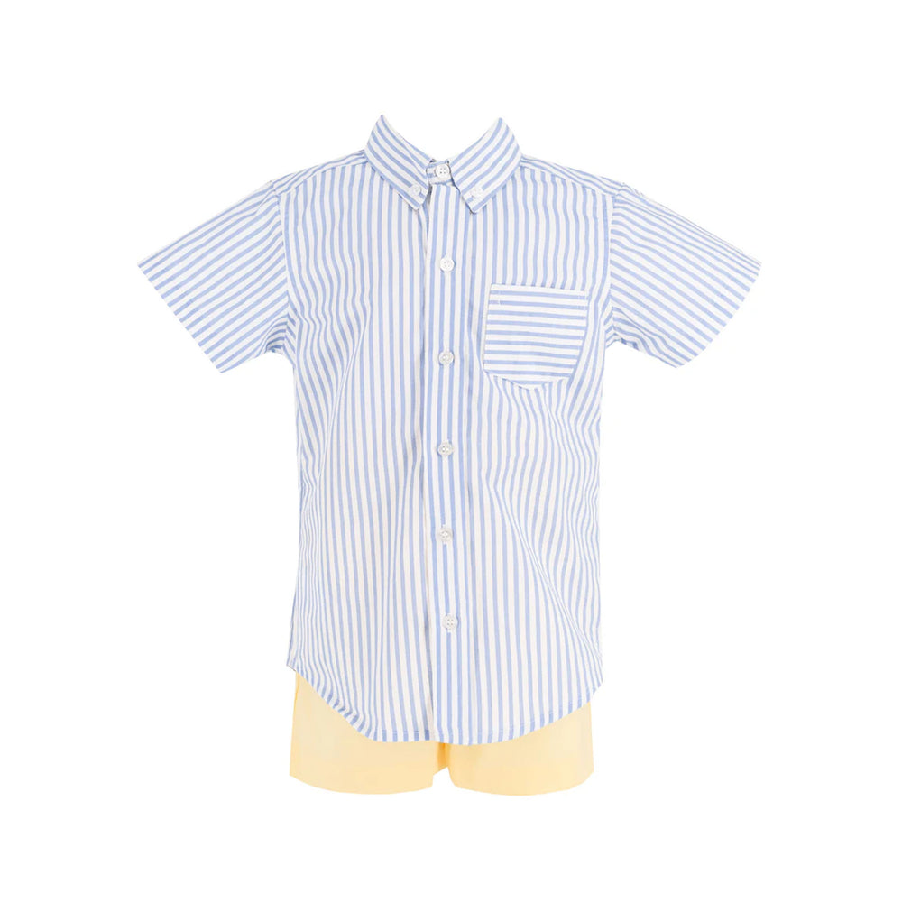 Front view of Sunflower Boy Set with blue and white striped short sleeve button shirt and yellow shorts on white background