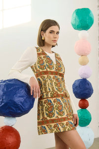 The Suni Dress in Amber Glen Cream paired with the Callie Sweater in Ivory. 