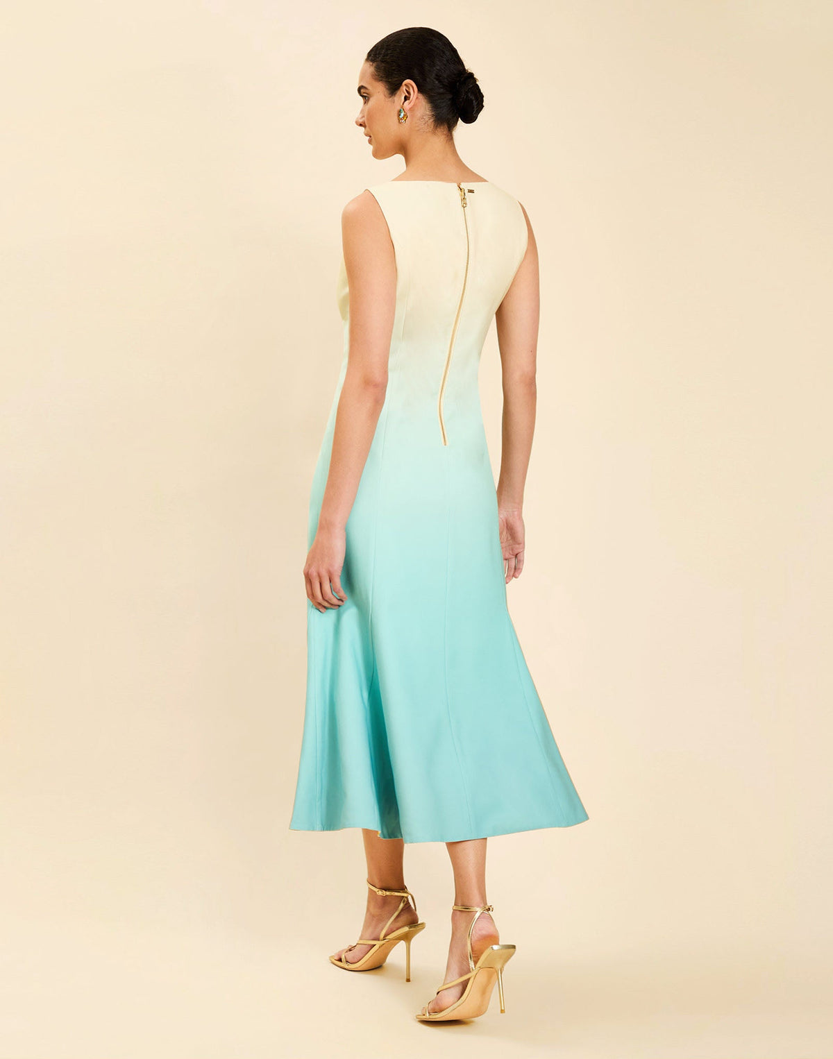 Woman wearing the Mestiza Sunnyside Convertible Midi Dress in Tuscan Daydreaming print, featuring a convertible neckline, fitted bodice, fit-and-flare skirt, and lightweight stretch crepe fabrication.
