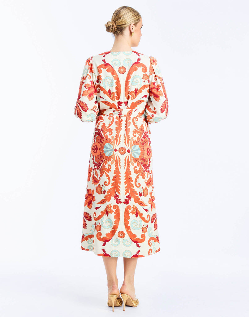 back - Suzanna Midi Dress in Rossa Waltz is an A-line daytime midi with balloon sleeves and self-tie belt