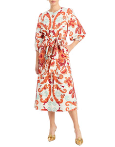 front - Suzanna Midi Dress in Rossa Waltz is an A-line daytime midi with balloon sleeves and self-tie belt