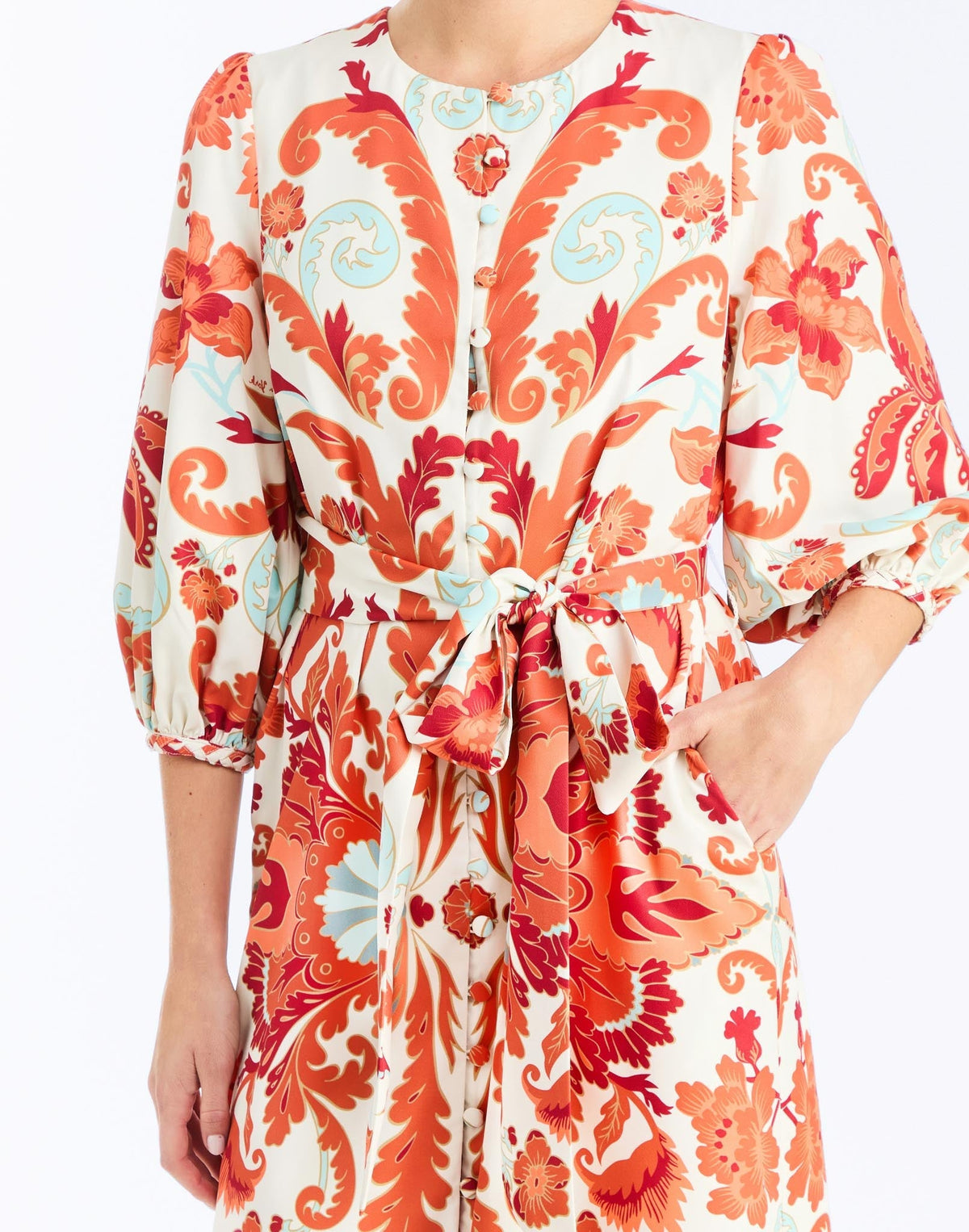 detail - Suzanna Midi Dress in Rossa Waltz is an A-line daytime midi with balloon sleeves and self-tie belt