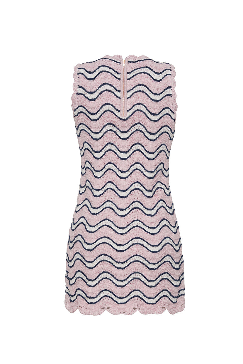 Suzi Mini Dress in Pink Blue Crochet Wavy Stripe