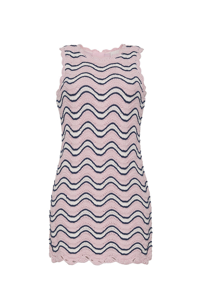 Suzi Mini Dress in Pink Blue Crochet Wavy Stripe