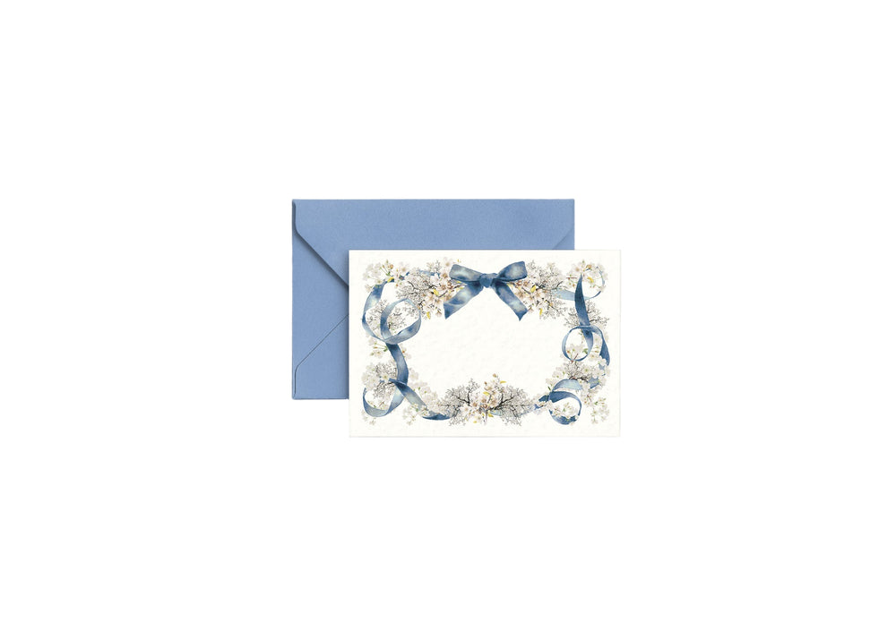 Front view of Swan Lake gift enclosure card showing blue ribbon and delicate floral border with matching blue envelope on white background