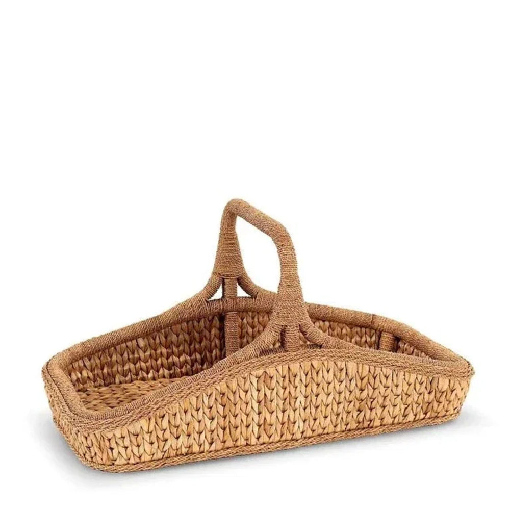 Front view of Sweater Weave Wildflower Basket with divided rattan tray and wrapped center handle on white background