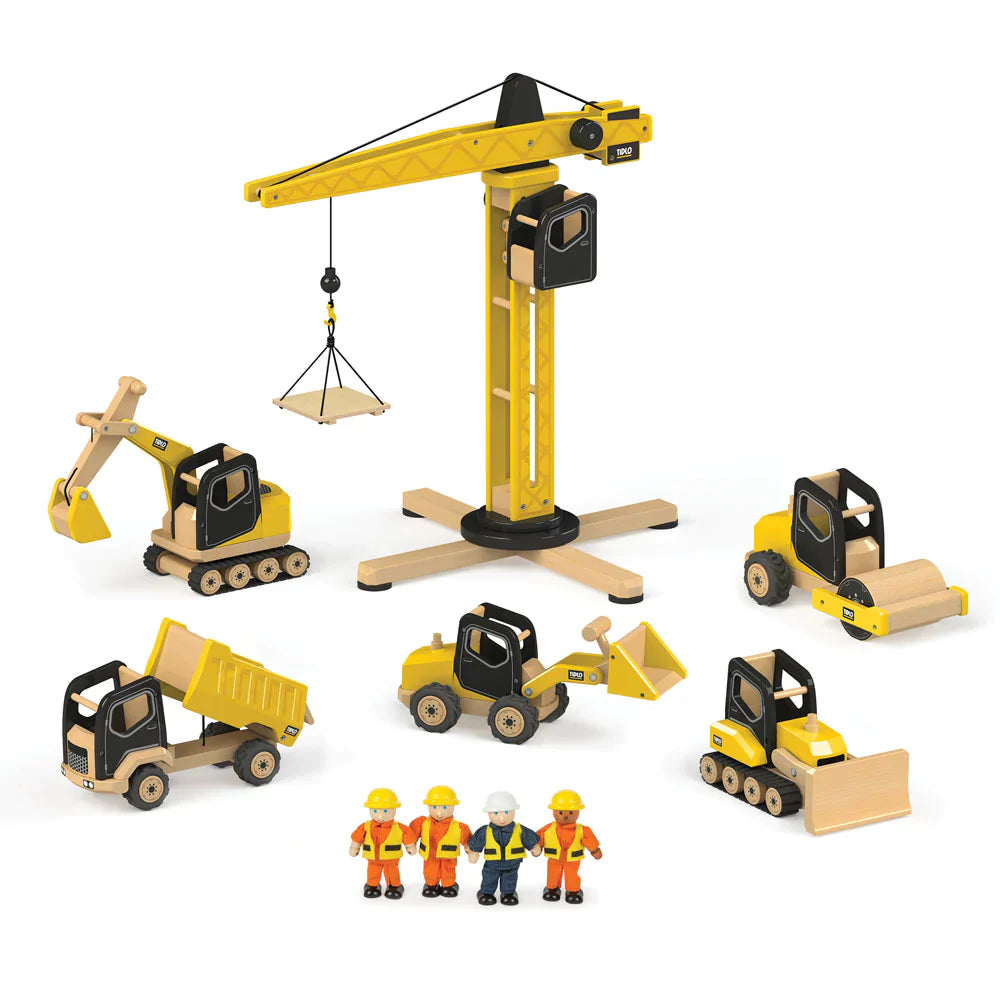 Angled view of wooden construction playset with yellow crane, loader, excavator, dump truck and four figures on white