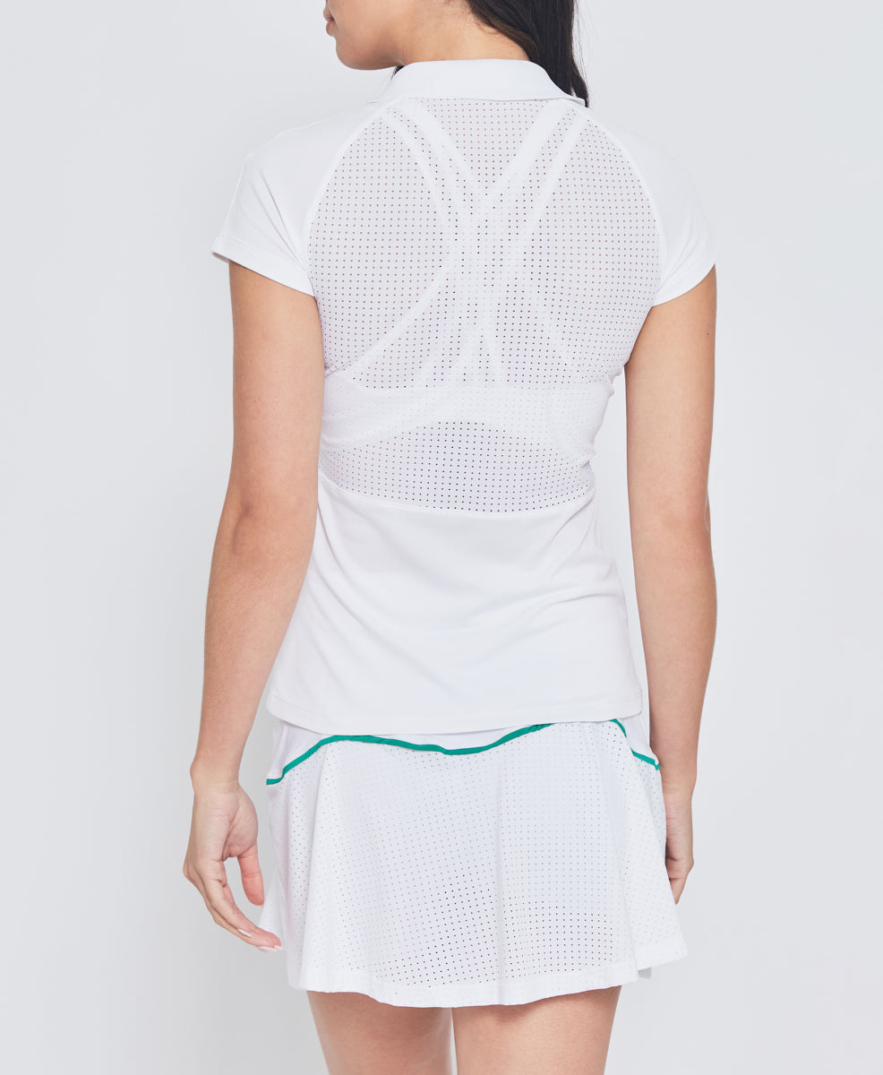 Mesh Zip Performance Polo in White & Green