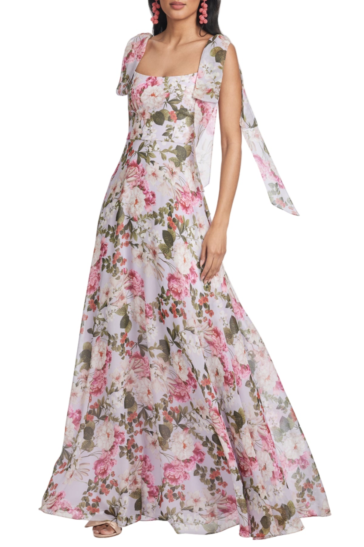 Front view of Pearl Maxi Dress in Petit Periwinkle and Petals showing floral chiffon, draped bodice, and flowing skirt