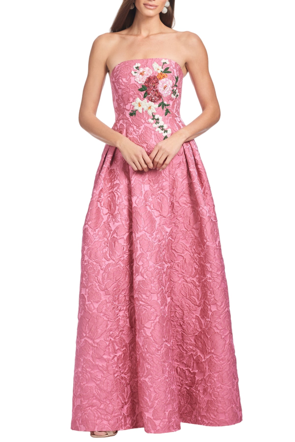 Front view of Belle gown in Pink Serenade with strapless embroidered bodice and pleated A-line cloque skirt on white