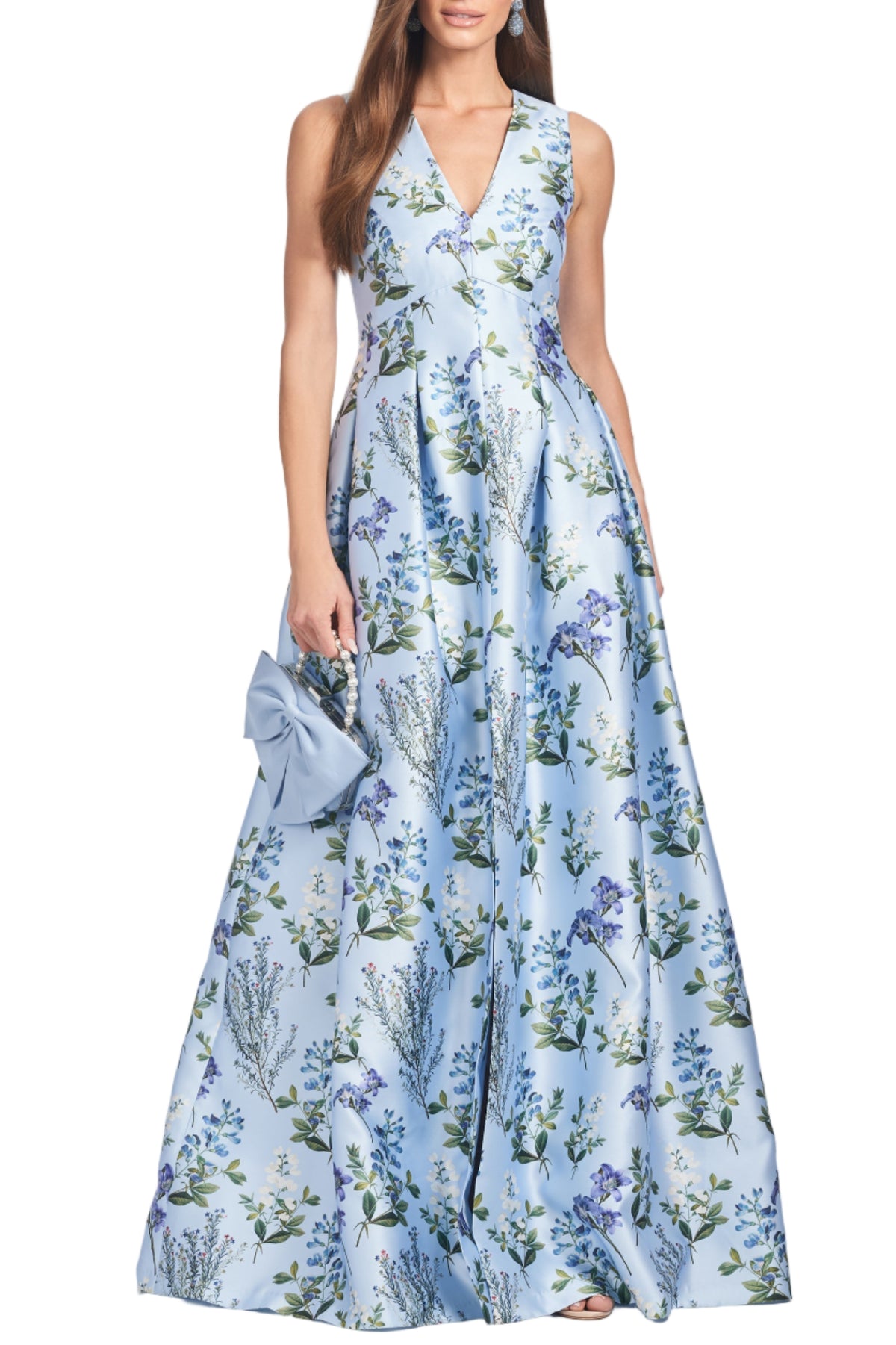 Front view of Brooke Gown in Freesia Forest with floral printed mikado, V-neckline, peaked waist, and pleated skirt