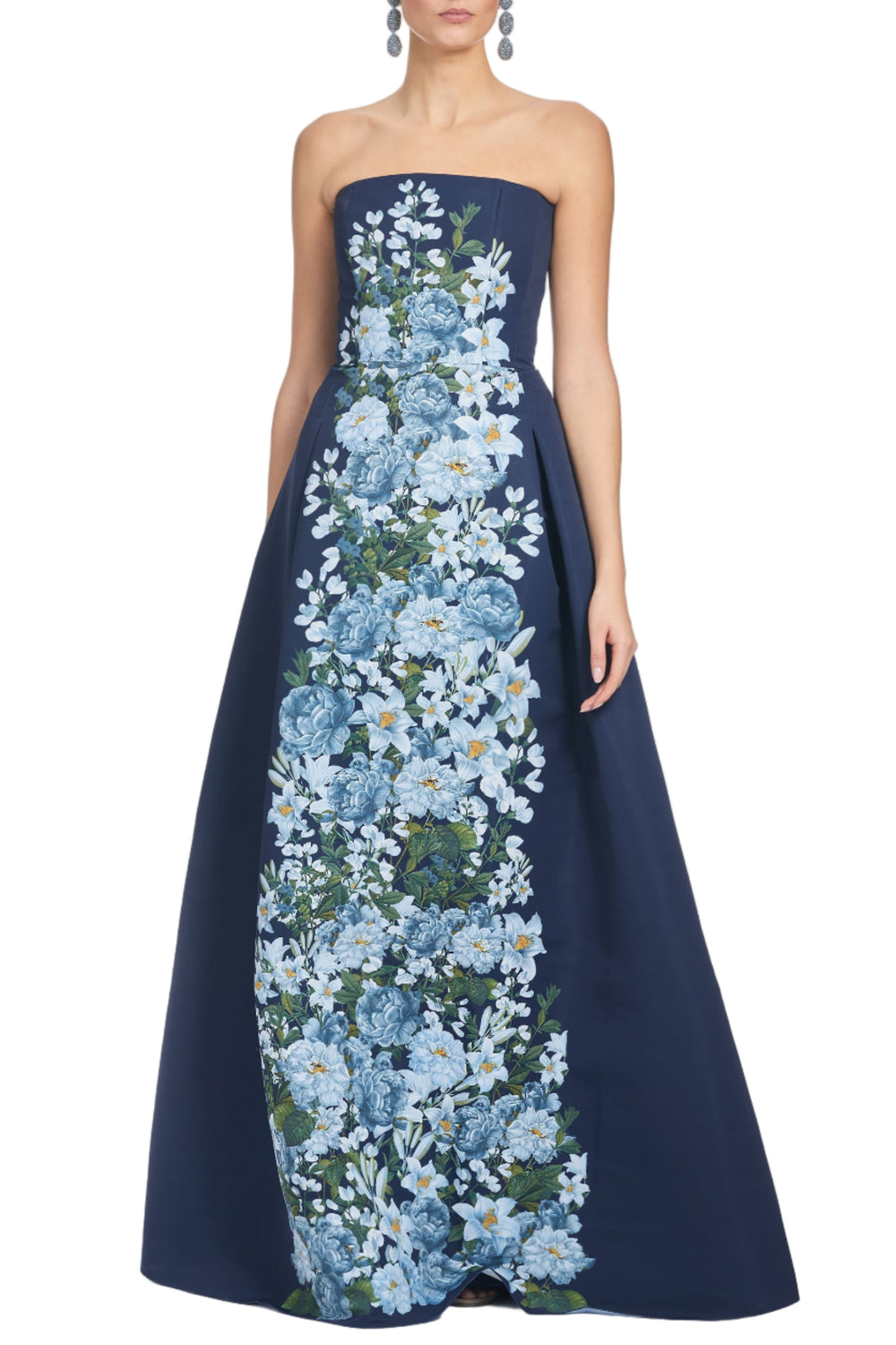 Front view of Larisa Gown in navy, strapless fit-and-flare with vertical blue-and-white floral cascade on white background
