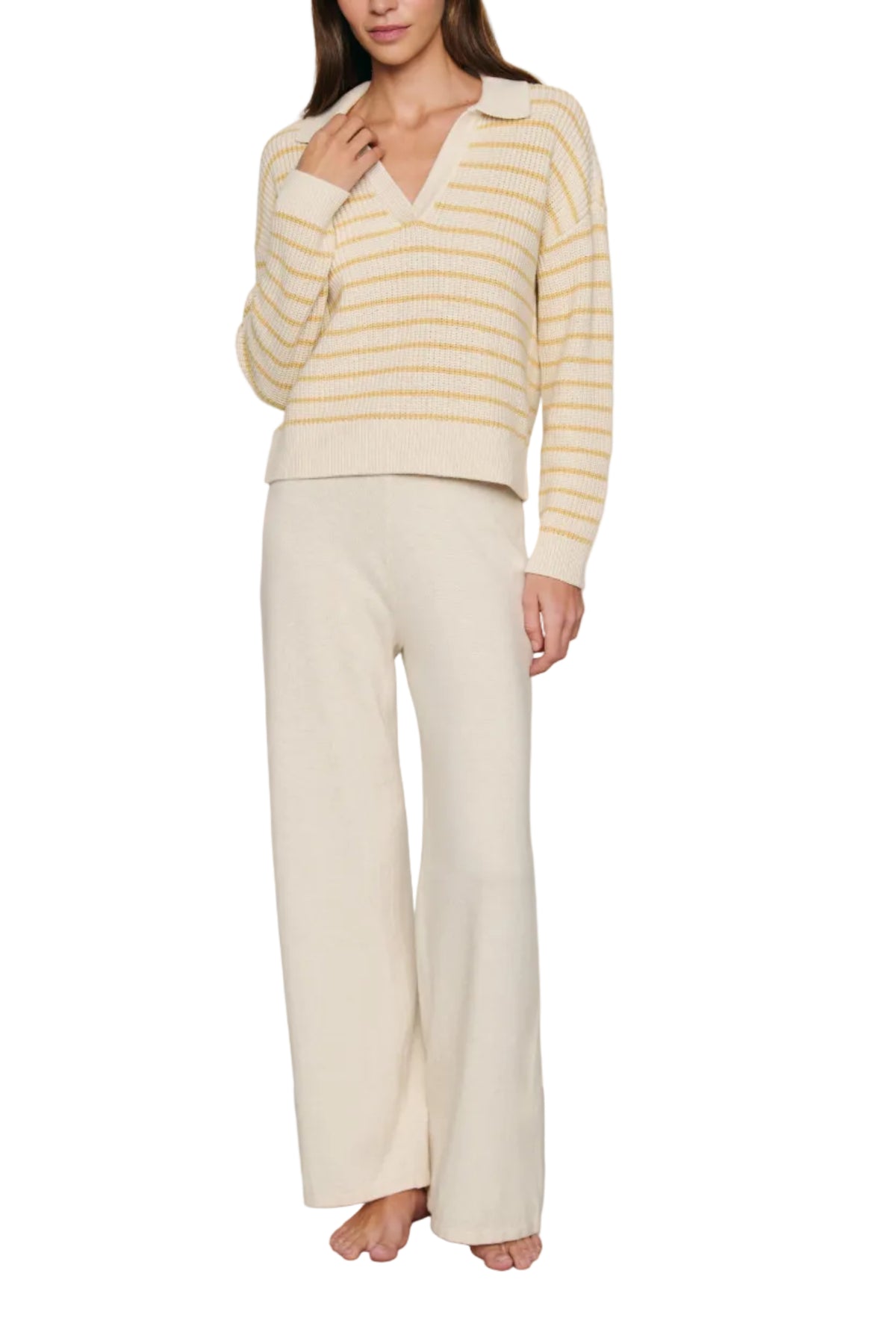 Front view of Coastal Cotton Sweater Polo in Stripe Almond Heather/Sunbeam, relaxed fit with ribbed collar on a model