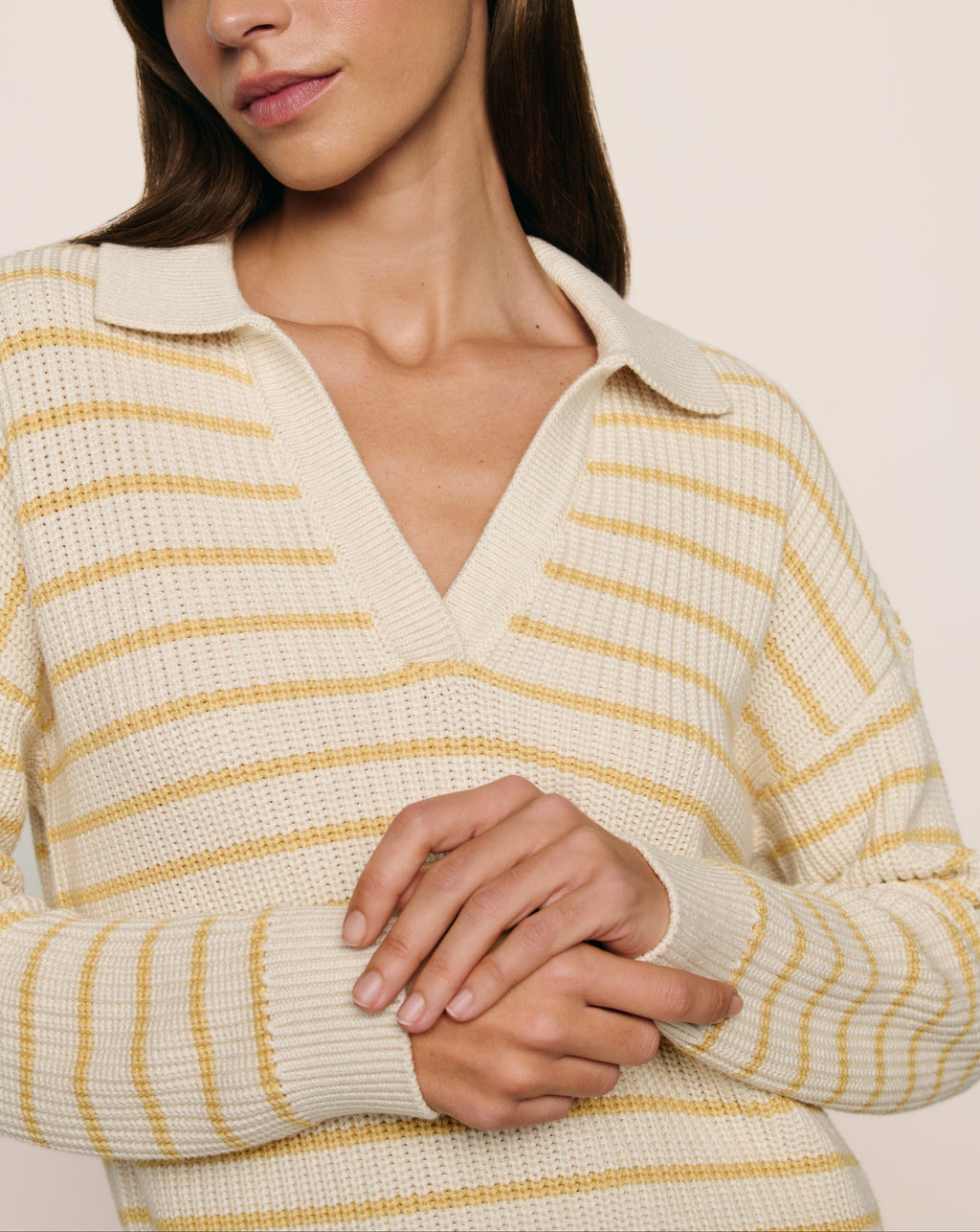 Coastal Cotton Sweater Polo in Stripe Almond Heather/Sunbeam