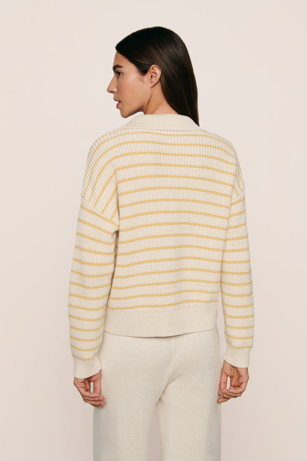Coastal Cotton Sweater Polo in Stripe Almond Heather/Sunbeam