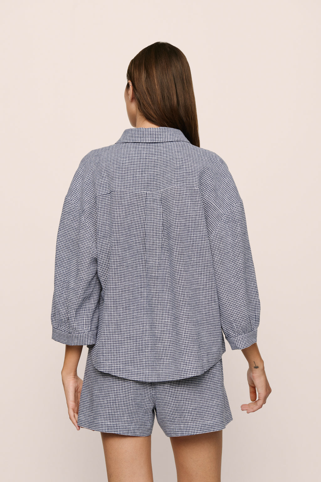 Linen Blend Relaxed Sleeve Top in Gingham White/Navy