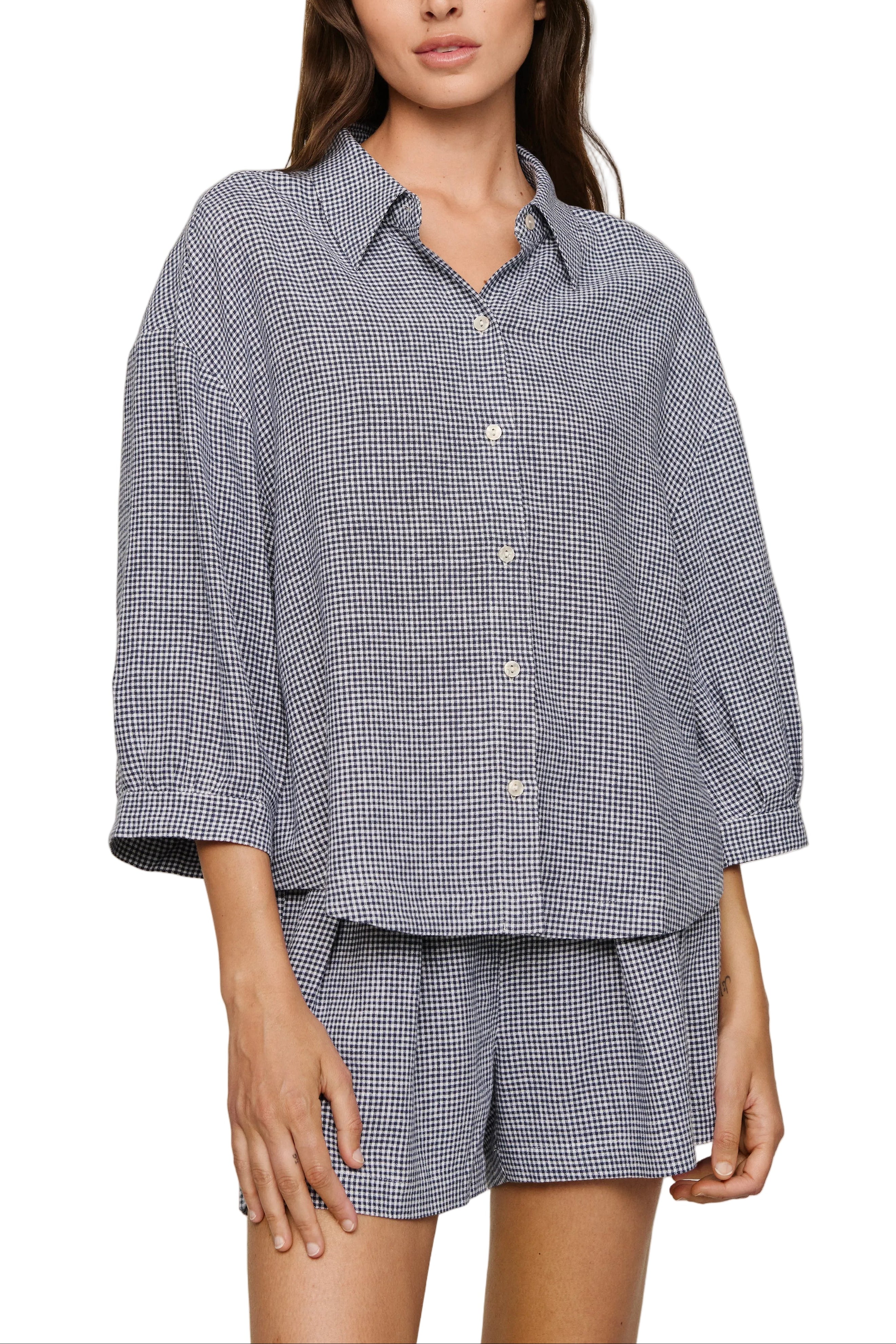 Linen Blend Relaxed Sleeve Top in Gingham White/Navy