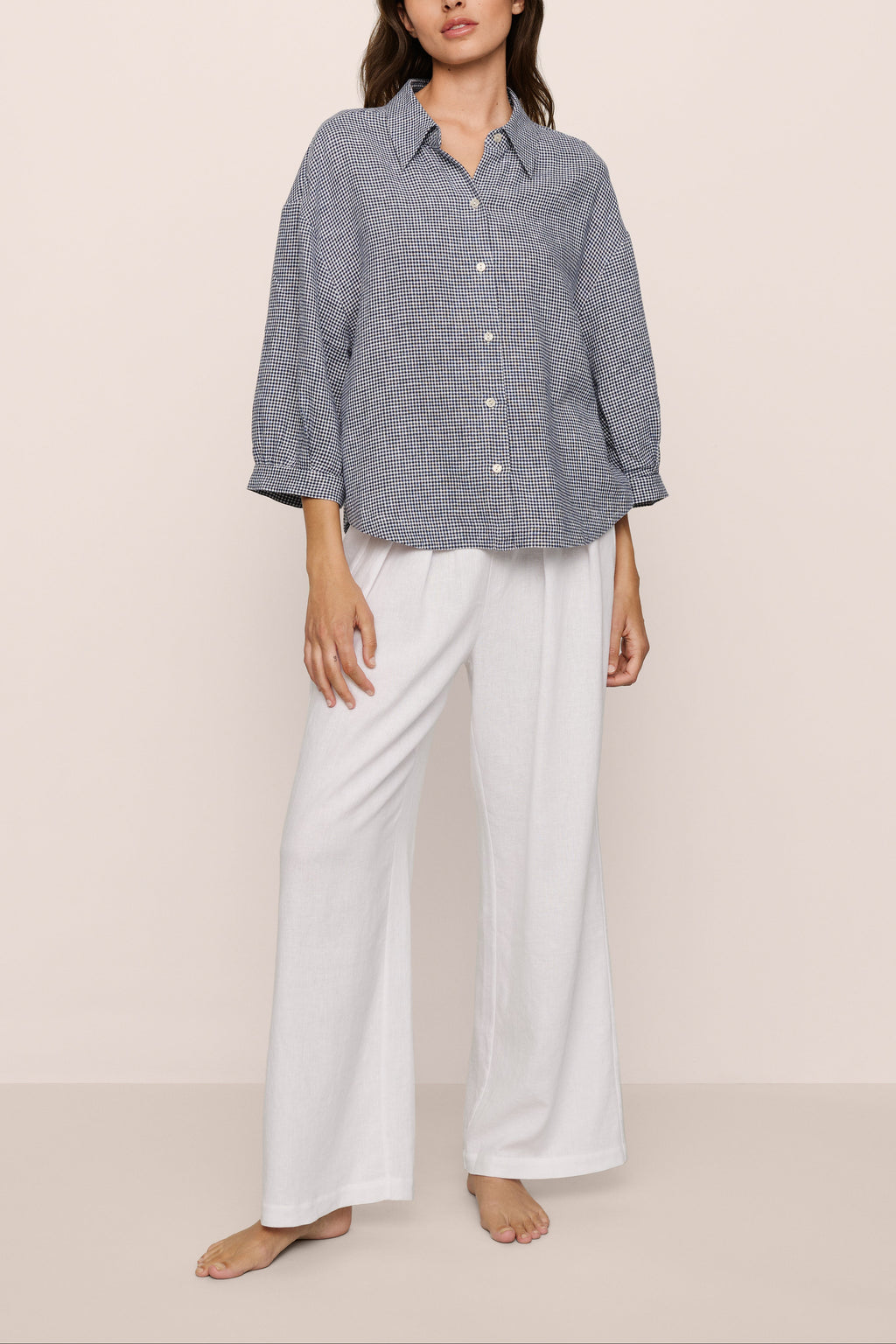 Linen Blend Relaxed Sleeve Top in Gingham White/Navy