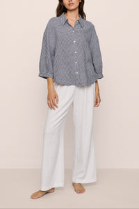 Linen Blend Relaxed Sleeve Top in Gingham White/Navy