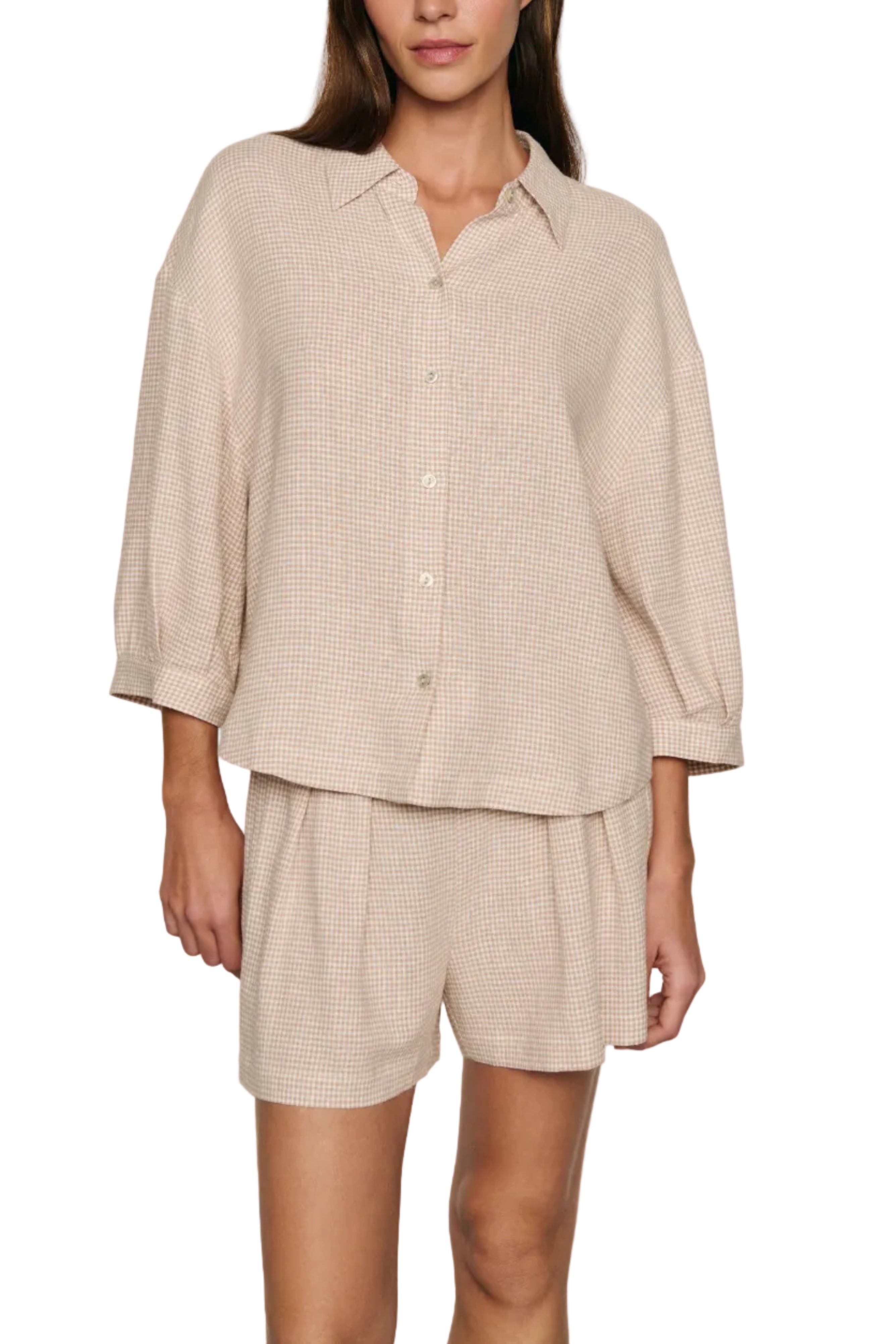 Linen Blend Relaxed Sleeve Top in Gingham White/Warm Taupe