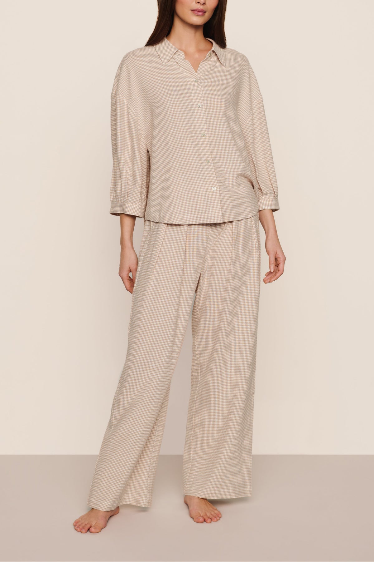 Linen Blend Relaxed Sleeve Top in Gingham White/Warm Taupe
