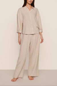 Linen Blend Relaxed Sleeve Top in Gingham White/Warm Taupe