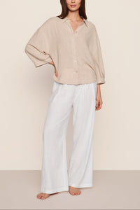 Linen Blend Relaxed Sleeve Top in Gingham White/Warm Taupe