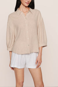 Linen Blend Relaxed Sleeve Top in Gingham White/Warm Taupe