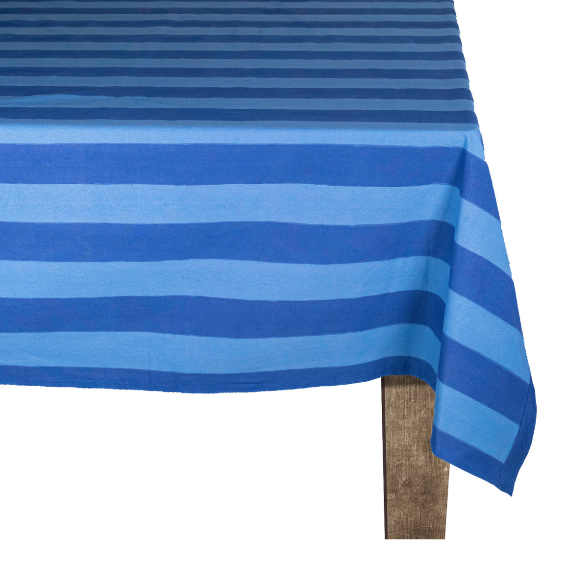 Front view of Elena Blue Stripe Tablecloth showcasing horizontal stripes draped over a table with a wooden leg on white