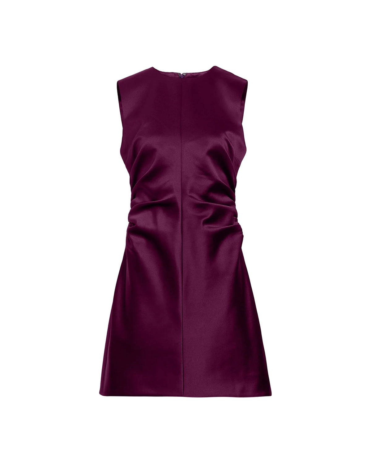 Front view of Tallulah Dress in Blackberry showcasing sleeveless styling and ruched sides with a white background